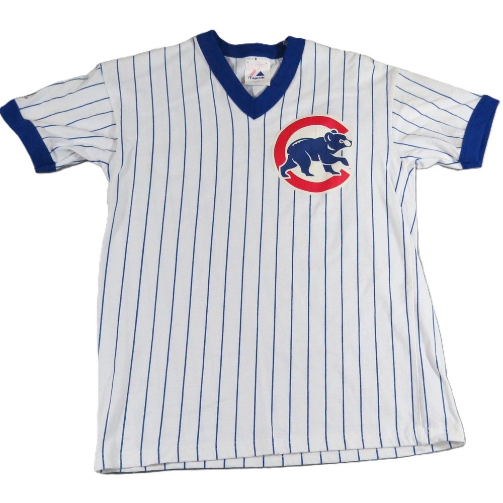 VTG Majestic Chicago Cubs Pinstripe V Neck Shirt Boys XL 90s Baseball Jersey GUC